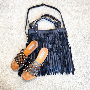 Steve Madden Brown Slide Sandals Black Gold Spheres Straps Size 9 + FREE BAG